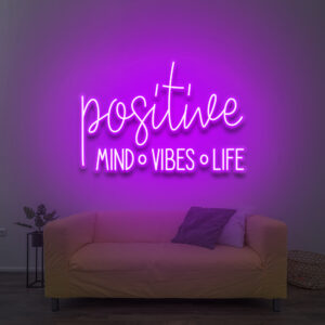 Enseigne LED murale violette avec expression positive mind-vibes-life